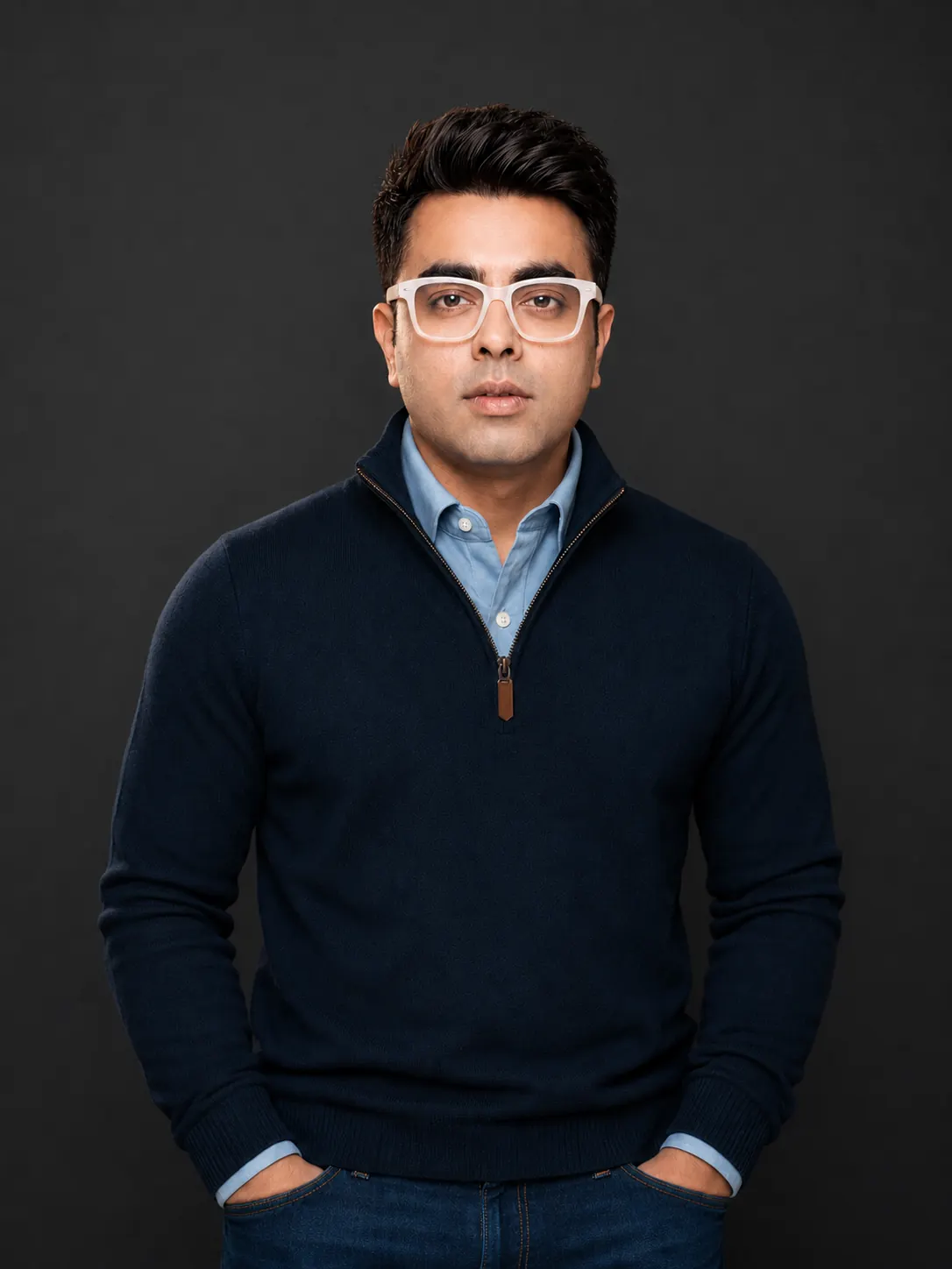 Vinay Trivedi in a navy sweater and white glasses against a dark background